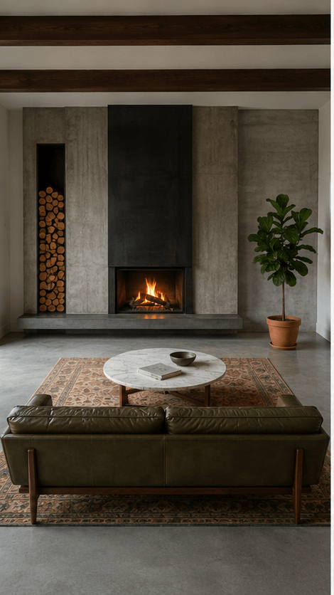 Living room facing the fireplace wall, cool morning light