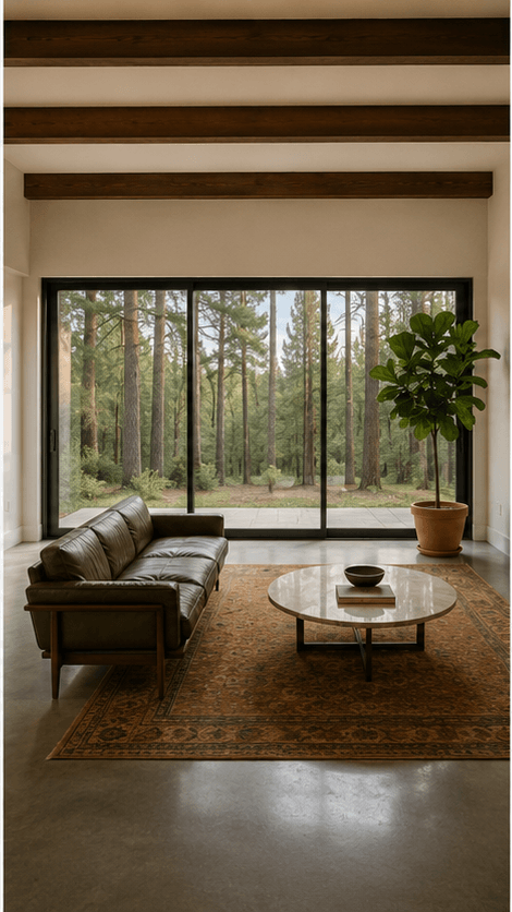 Living room facing the glass wall and forest, bright midday light