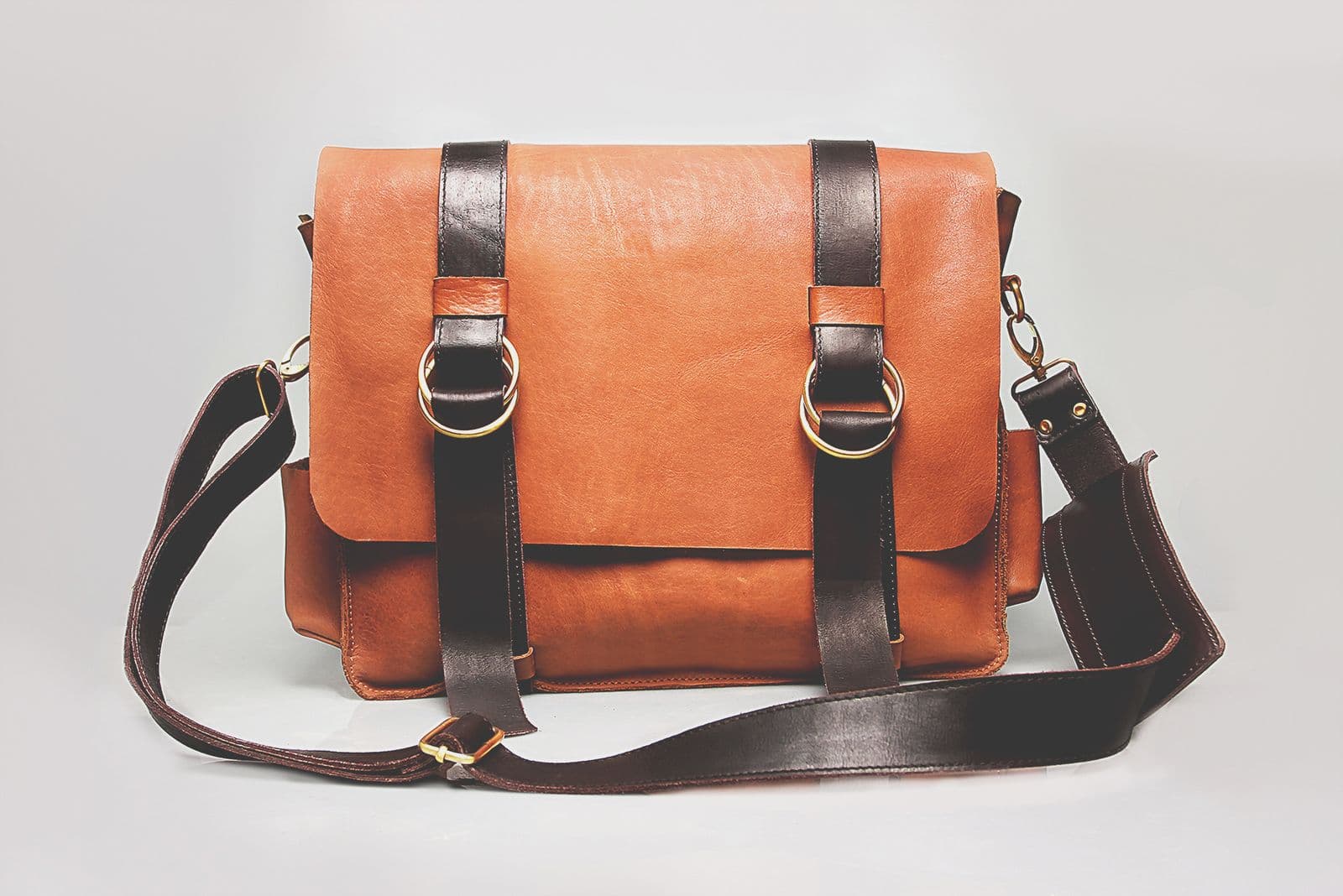 Leather handbag product shot.