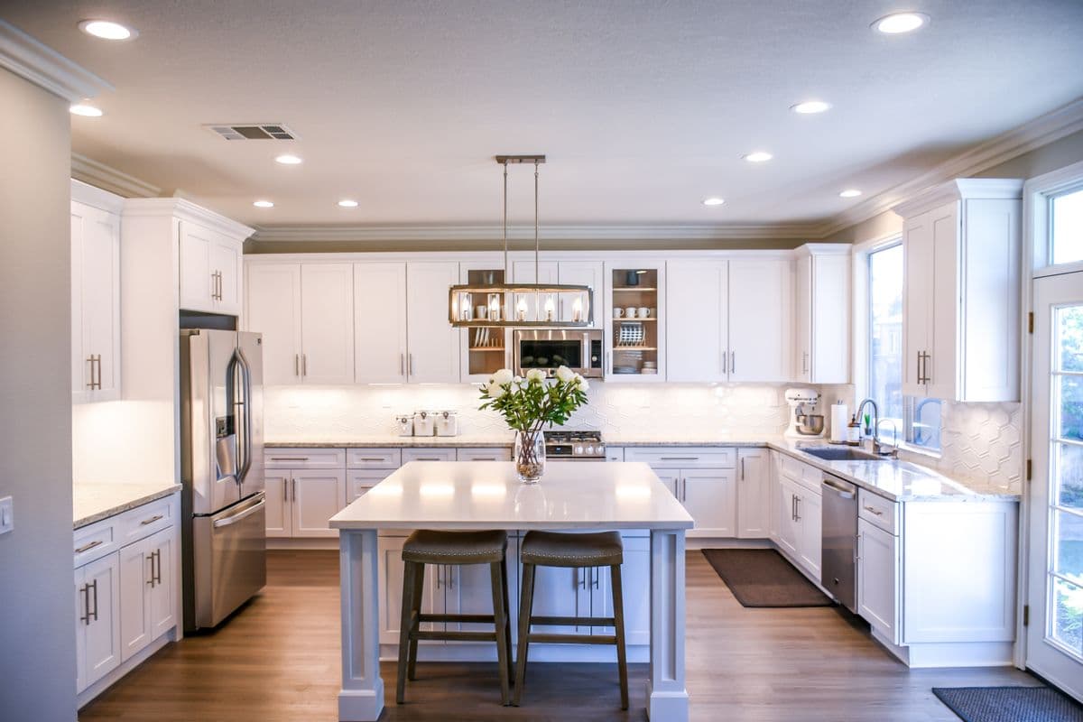 Bright modern kitchen shown from a coordinated vantage point