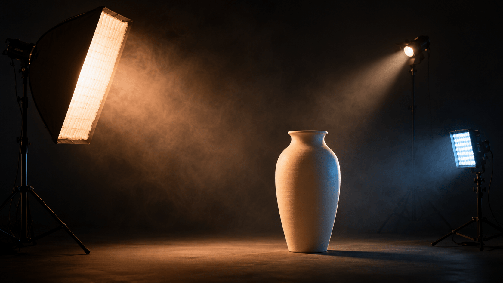 Studio three-point lighting setup: warm key softbox, cool LED fill, and rim spotlight illuminating a cream ceramic vase