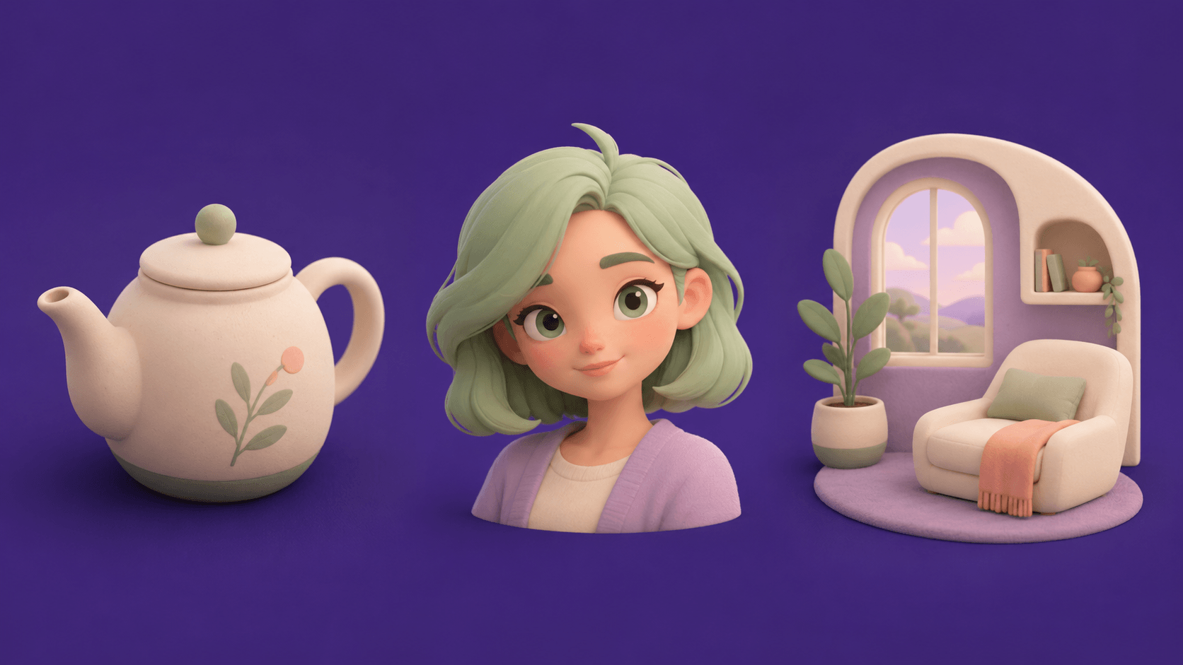 Three subjects rendered in a single unified stylized 3D style: a cream ceramic teapot, a mint-haired character, and a reading nook scene